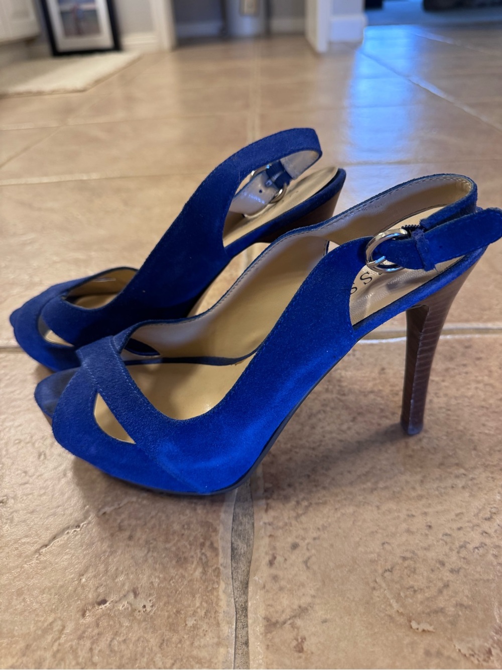 Guess Royal Blue Suede Peep-Toe Slingback Heels